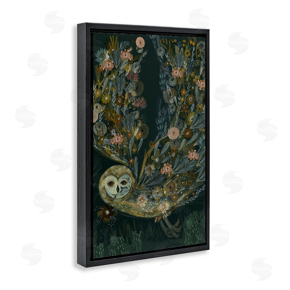Floral Folk Barn Owl Black Floating Frame Canvas Wall Art, Home Decor by Kay Widdowson
