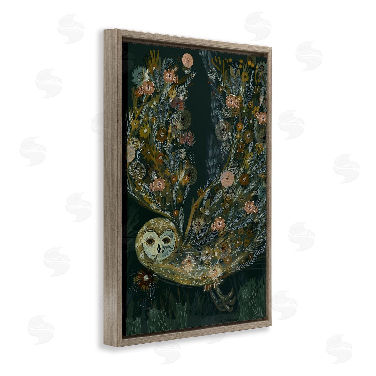 Floral Folk Barn Owl Brown Floating Frame Canvas Wall Art, Home Decor by Kay Widdowson