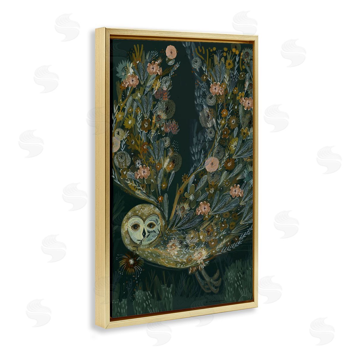 Floral Folk Barn Owl Gold Floating Frame Canvas Wall Art, Home Decor by Kay Widdowson