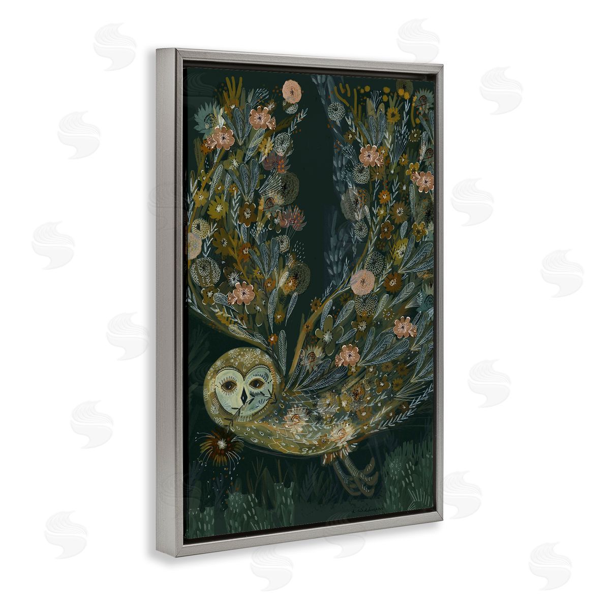 Floral Folk Barn Owl Grey Floating Frame Canvas Wall Art, Home Decor by Kay Widdowson