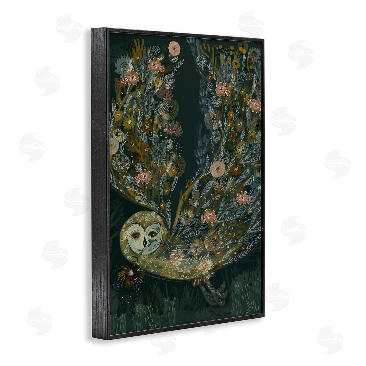 Floral Folk Barn Owl Black Frame Print Wall Art, Home Decor by Kay Widdowson