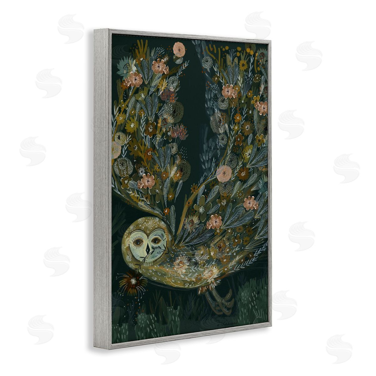 Floral Folk Barn Owl Grey Frame Print Wall Art, Home Decor by Kay Widdowson
