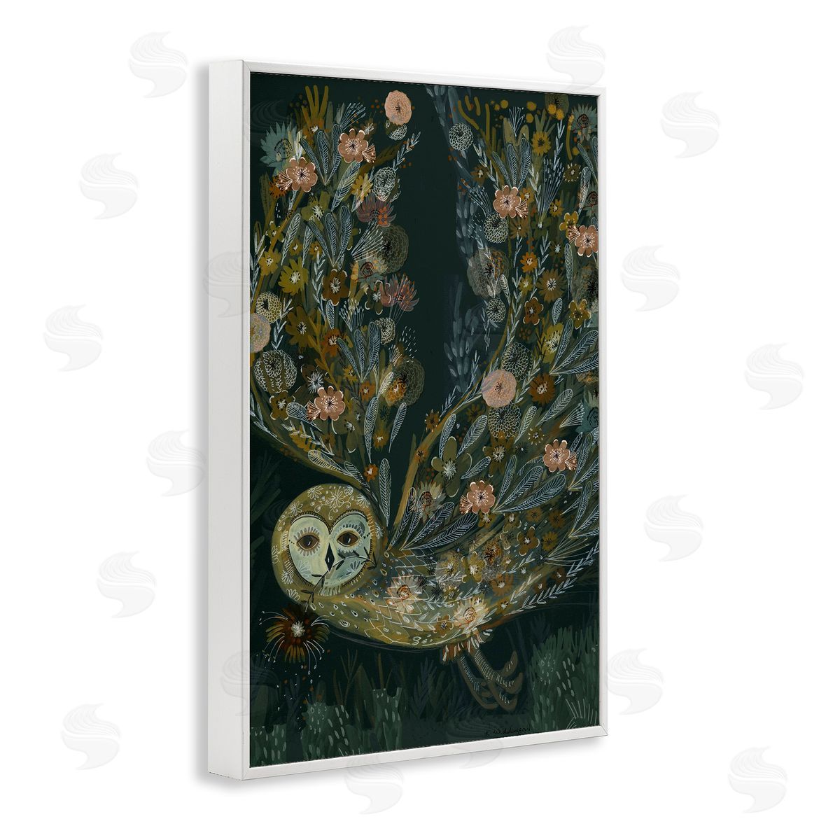 Floral Folk Barn Owl White Frame Print Wall Art, Home Decor by Kay Widdowson