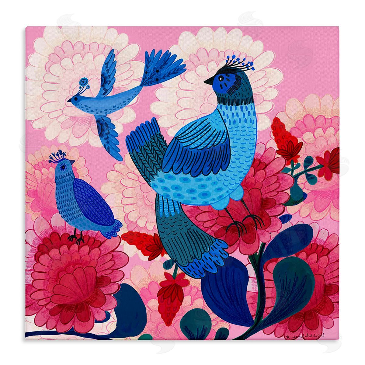 Folk Birds on Dahlias Canvas Wall Art, Home Decor by Kay Widdowson