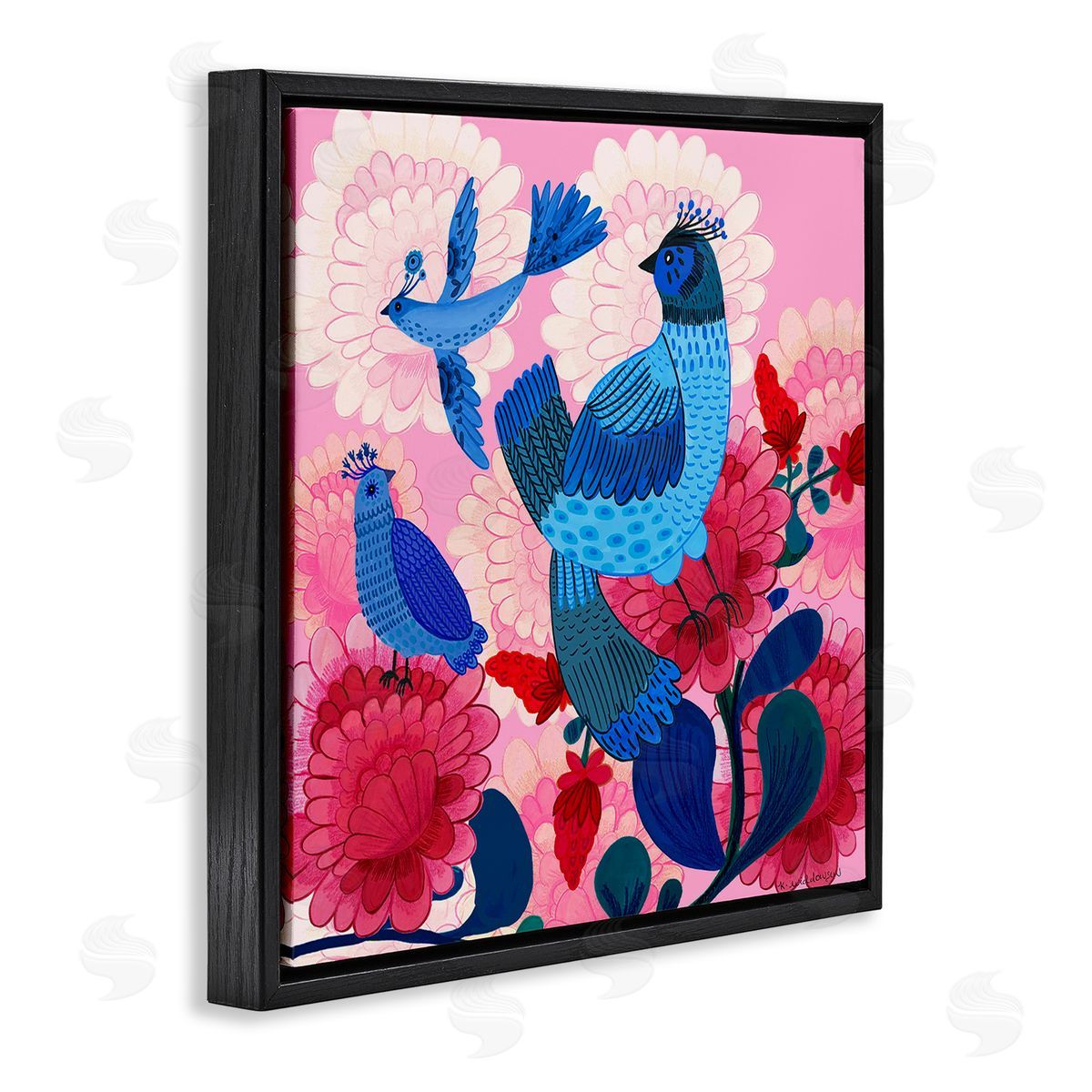 Folk Birds on Dahlias Black Floating Frame Canvas Wall Art, Home Decor by Kay Widdowson