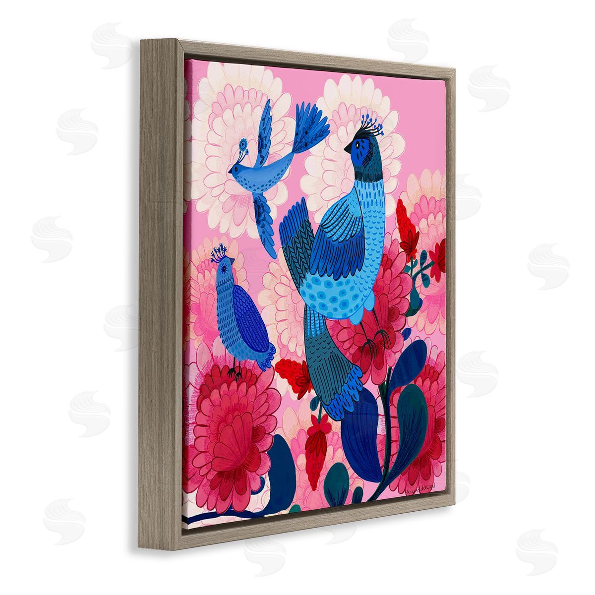 Folk Birds on Dahlias Brown Floating Frame Canvas Wall Art, Home Decor by Kay Widdowson