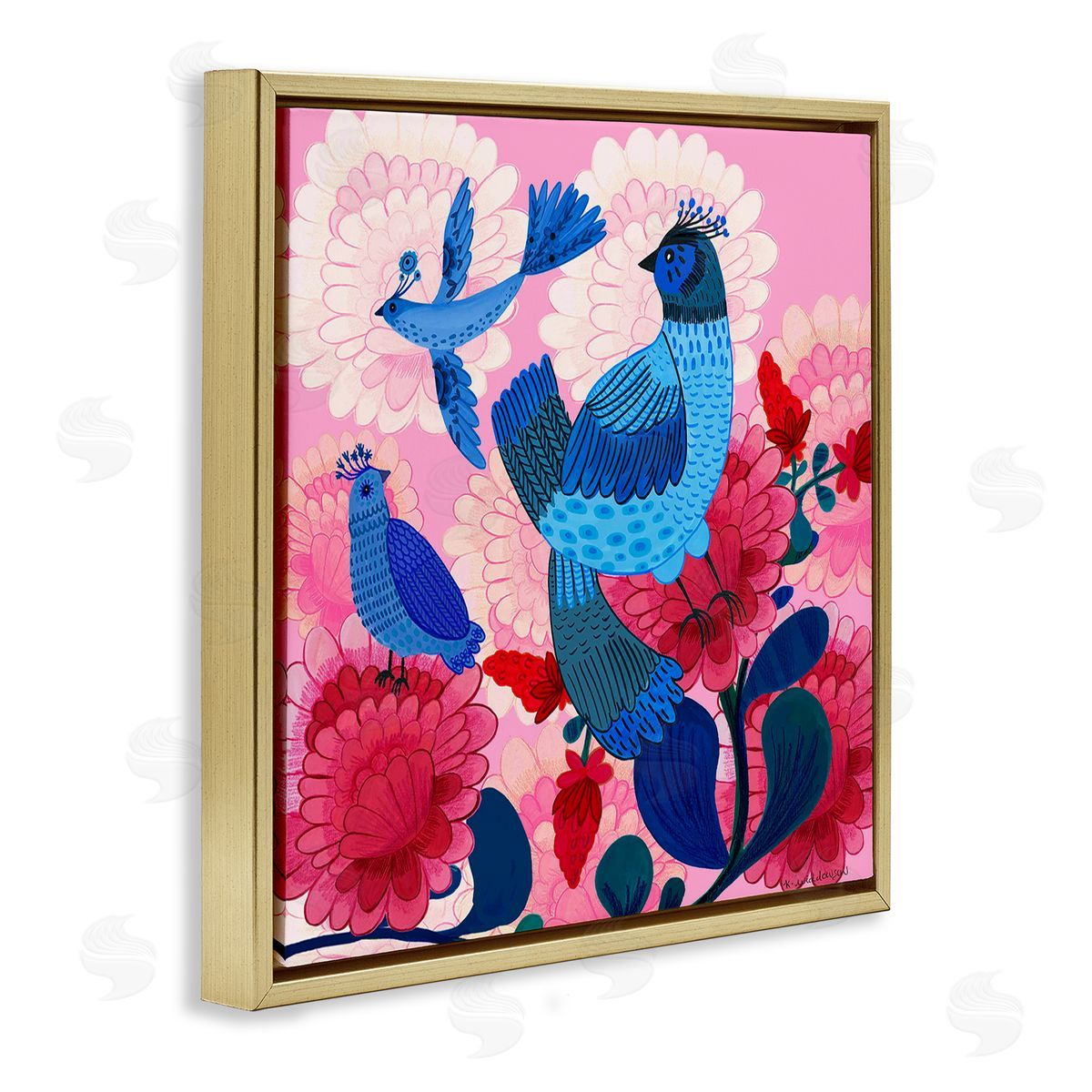 Folk Birds on Dahlias Gold Floating Frame Canvas Wall Art, Home Decor by Kay Widdowson