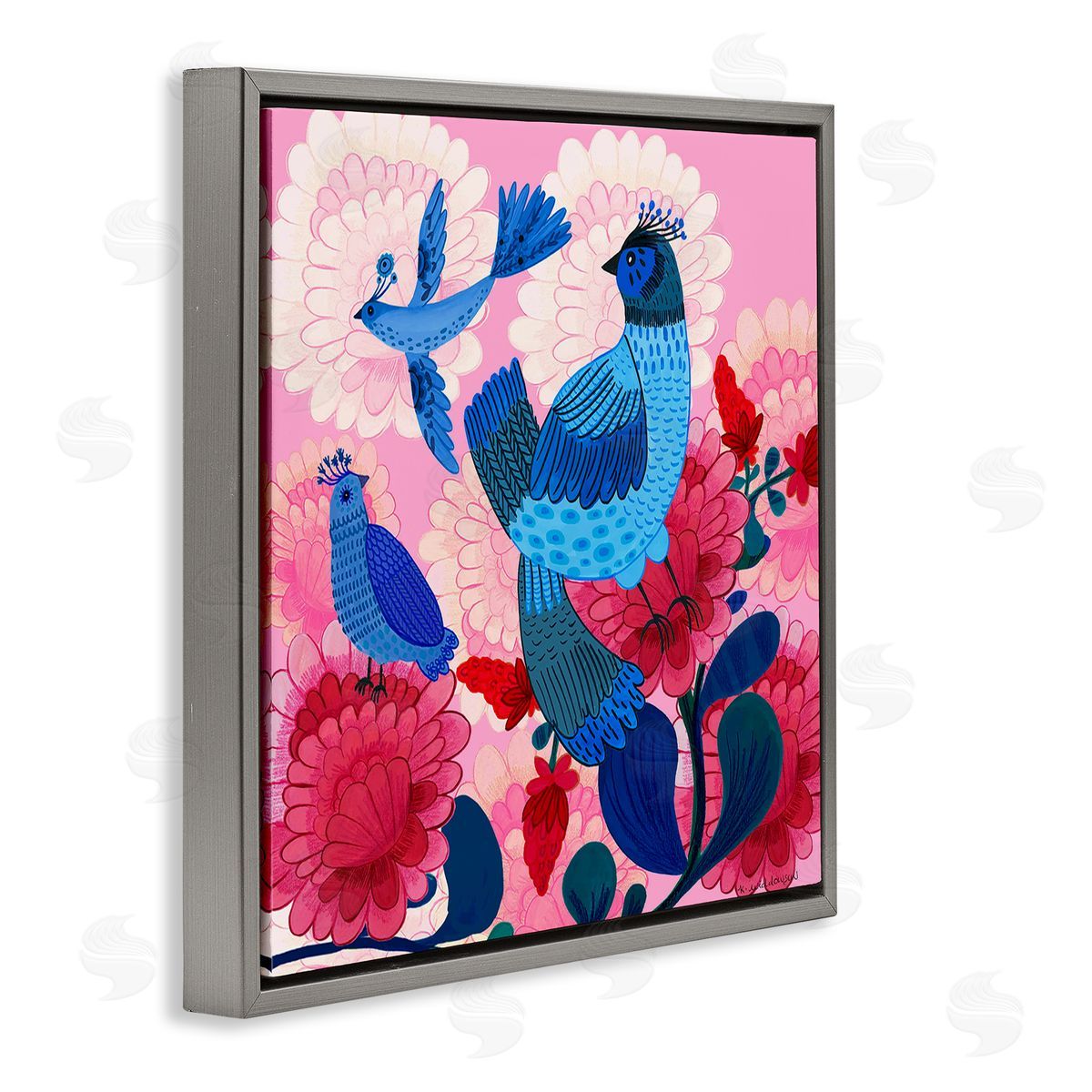 Folk Birds on Dahlias Grey Floating Frame Canvas Wall Art, Home Decor by Kay Widdowson