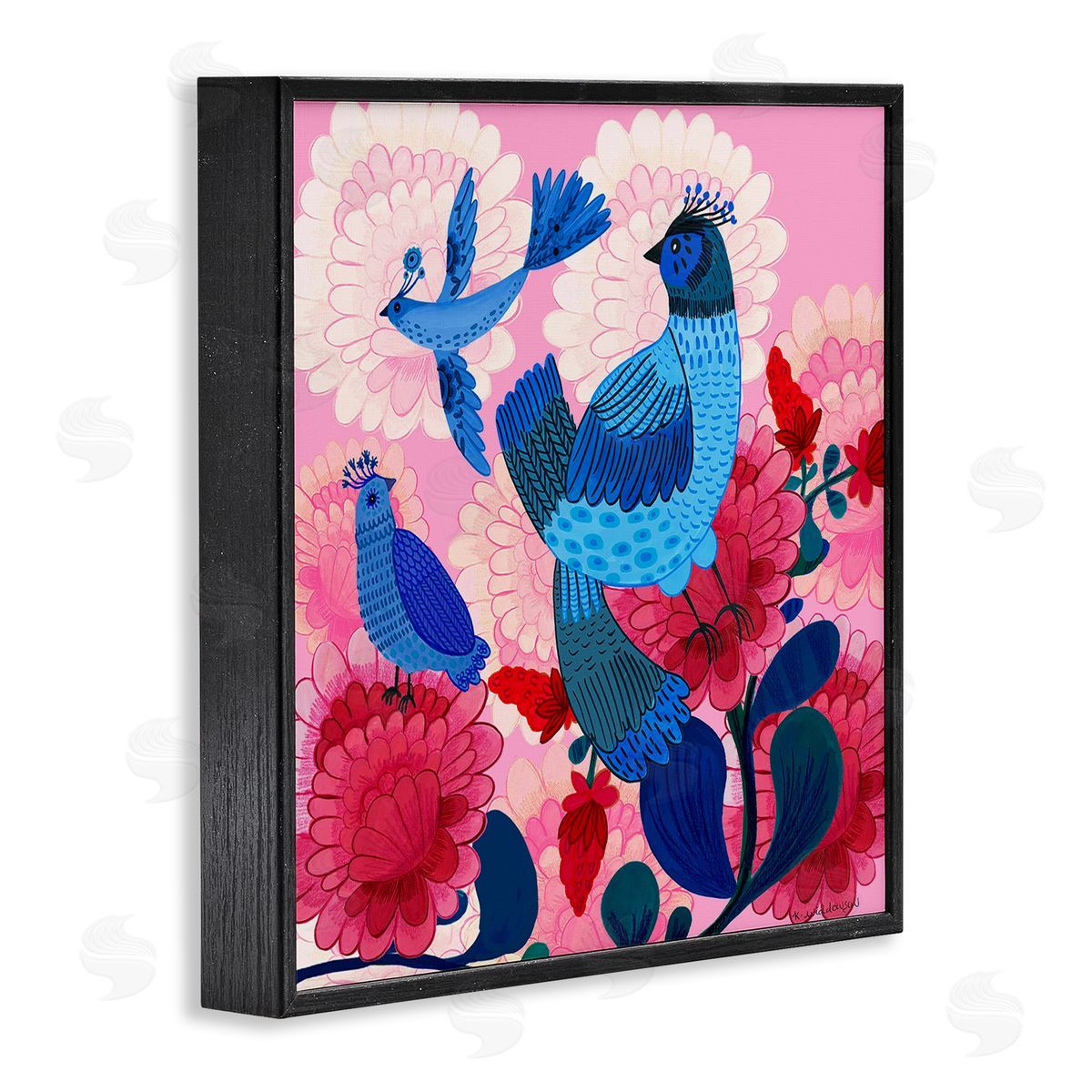 Folk Birds on Dahlias Black Frame Print Wall Art, Home Decor by Kay Widdowson