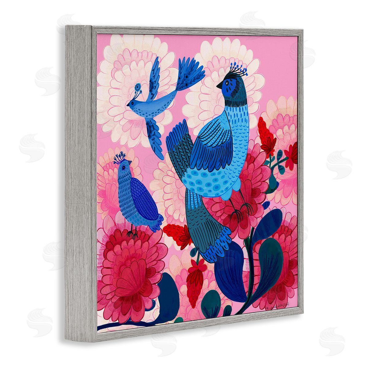 Folk Birds on Dahlias Grey Frame Print Wall Art, Home Decor by Kay Widdowson