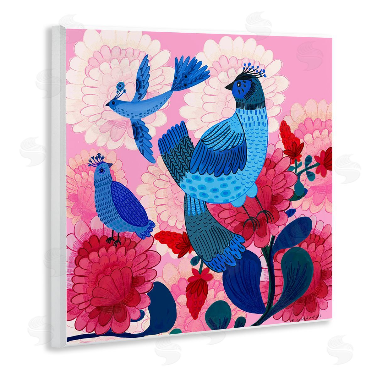 Folk Birds on Dahlias Wood Plaque Wall Art, Home Decor by Kay Widdowson
