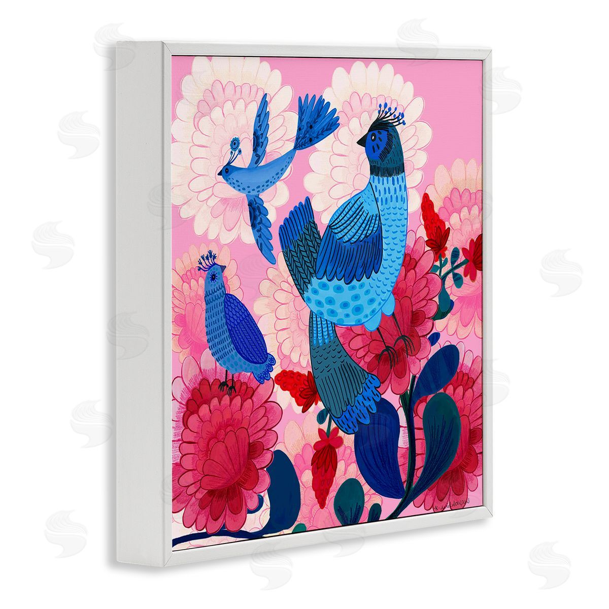 Folk Birds on Dahlias White Frame Print Wall Art, Home Decor by Kay Widdowson