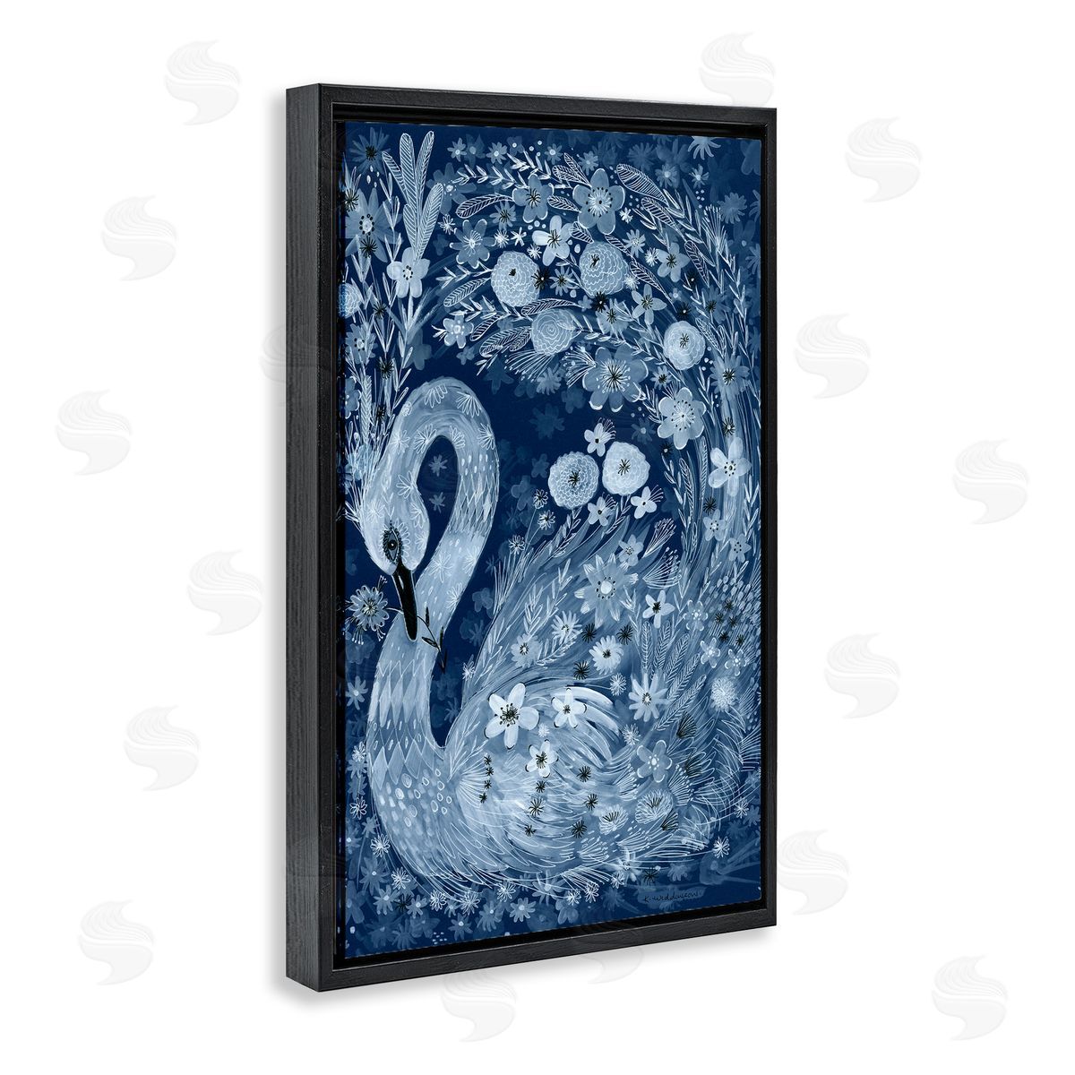 Swirling Florals Swan Black Floating Frame Canvas Wall Art, Home Decor by Kay Widdowson