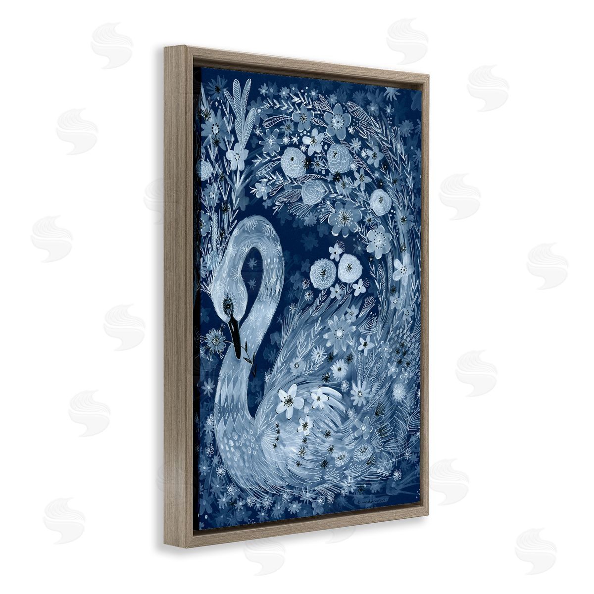Swirling Florals Swan Brown Floating Frame Canvas Wall Art, Home Decor by Kay Widdowson