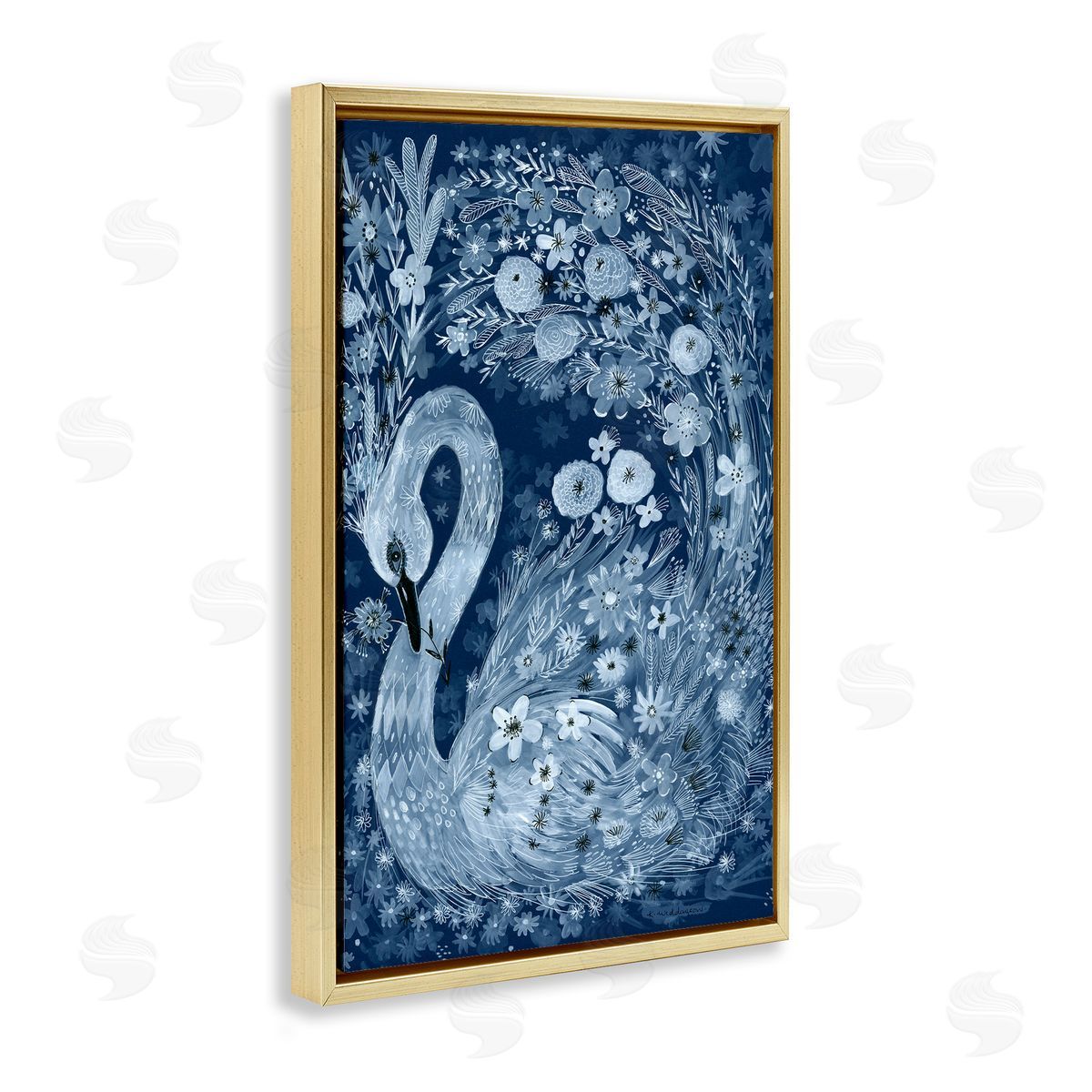 Swirling Florals Swan Gold Floating Frame Canvas Wall Art, Home Decor by Kay Widdowson