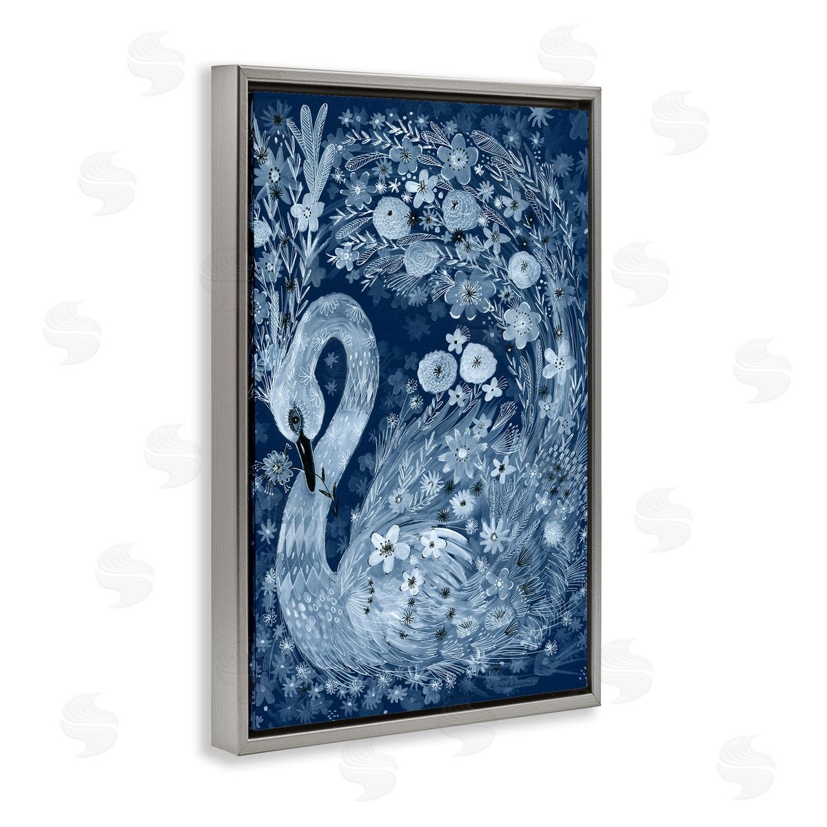 Swirling Florals Swan Grey Floating Frame Canvas Wall Art, Home Decor by Kay Widdowson