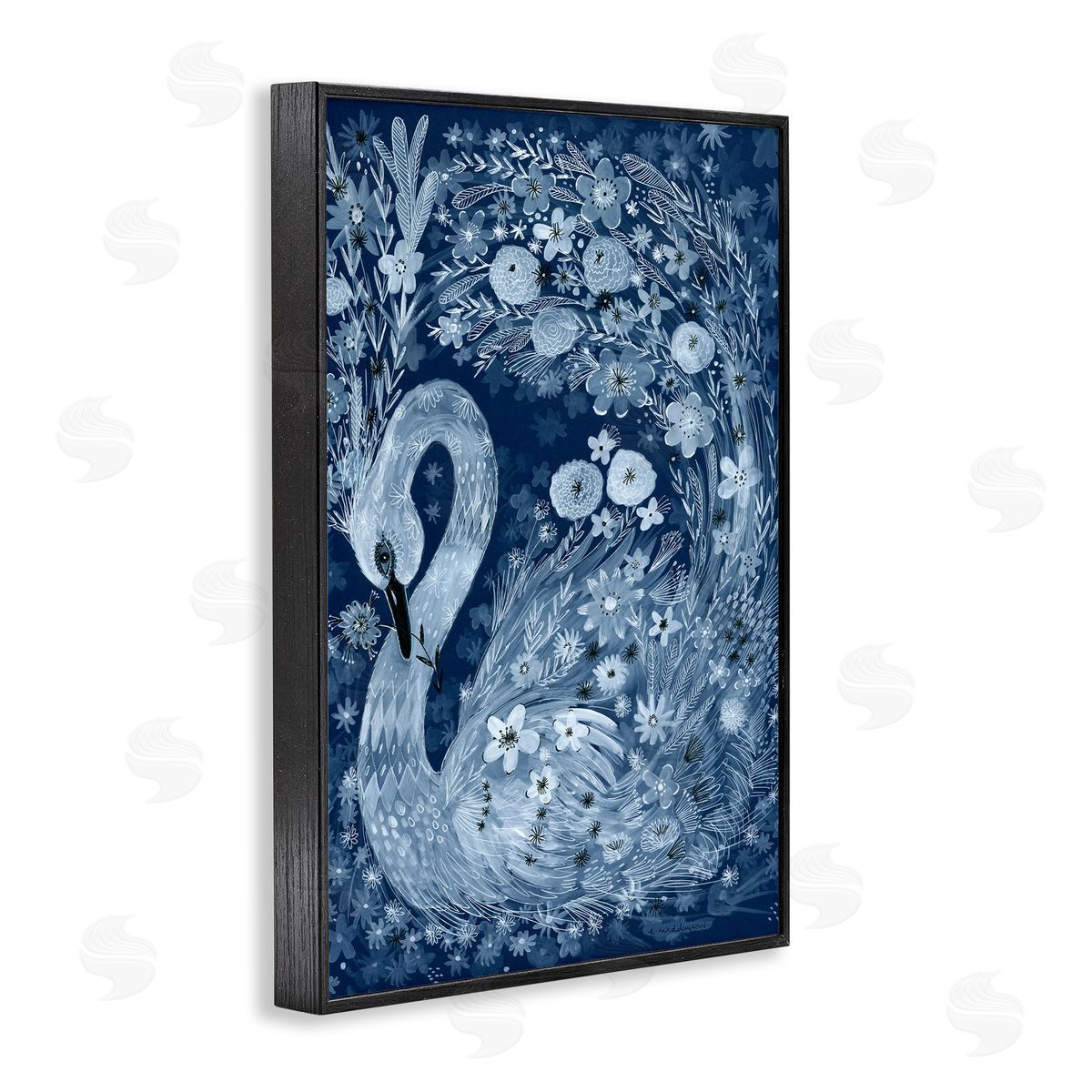 Swirling Florals Swan Black Frame Print Wall Art, Home Decor by Kay Widdowson