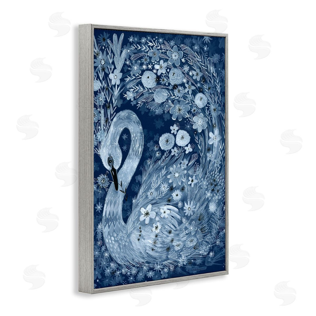Swirling Florals Swan Grey Frame Print Wall Art, Home Decor by Kay Widdowson