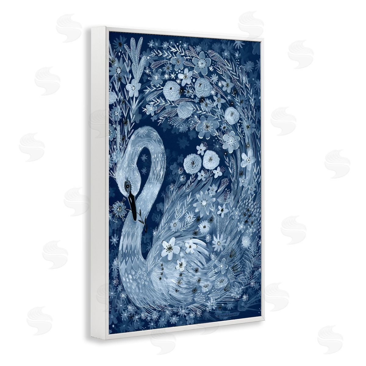 Swirling Florals Swan White Frame Print Wall Art, Home Decor by Kay Widdowson