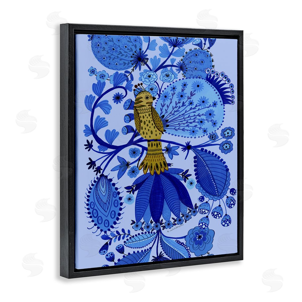 Folk Inspired Whimsical Bird Black Floating Frame Canvas Wall Art, Home Decor by Kay Widdowson