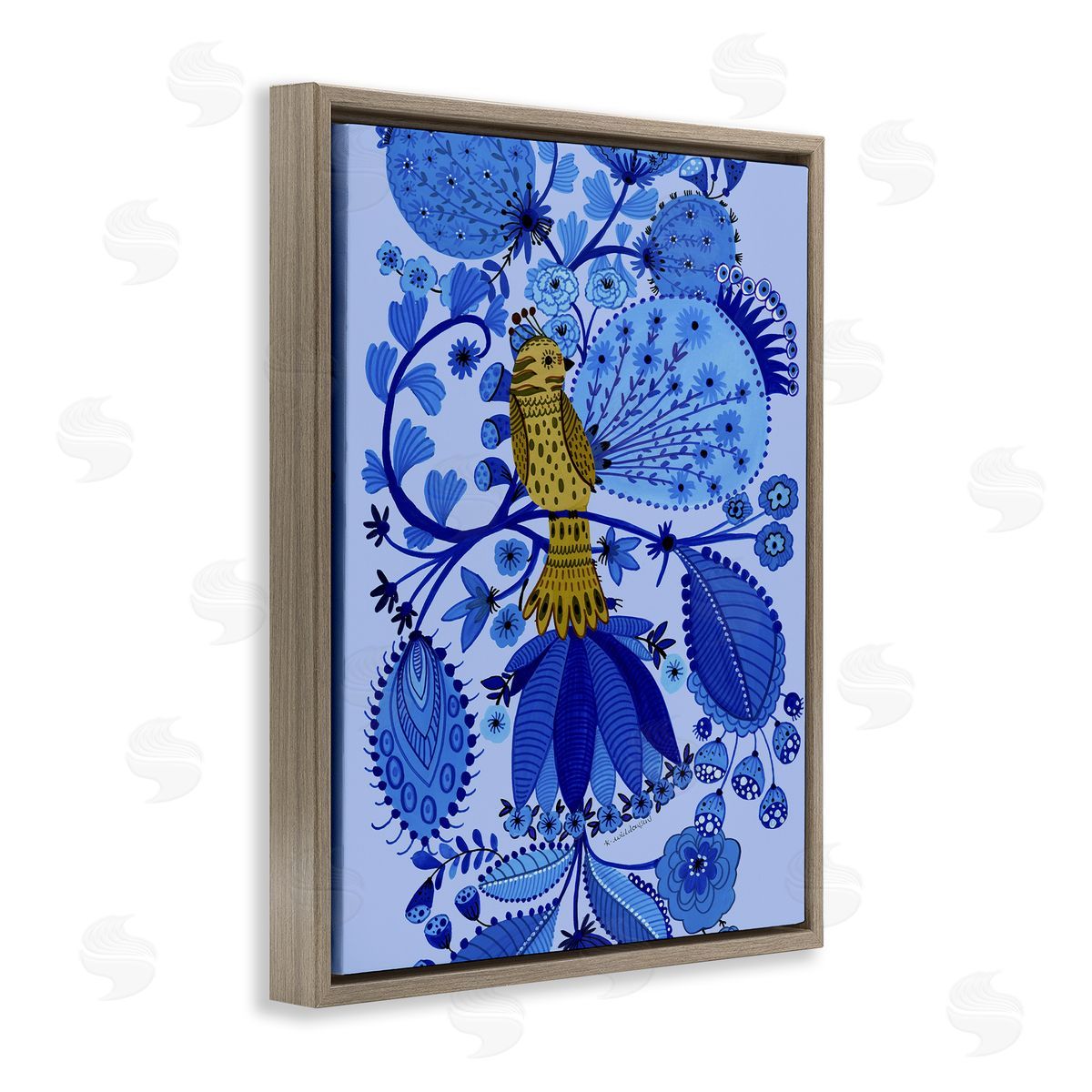 Folk Inspired Whimsical Bird Brown Floating Frame Canvas Wall Art, Home Decor by Kay Widdowson