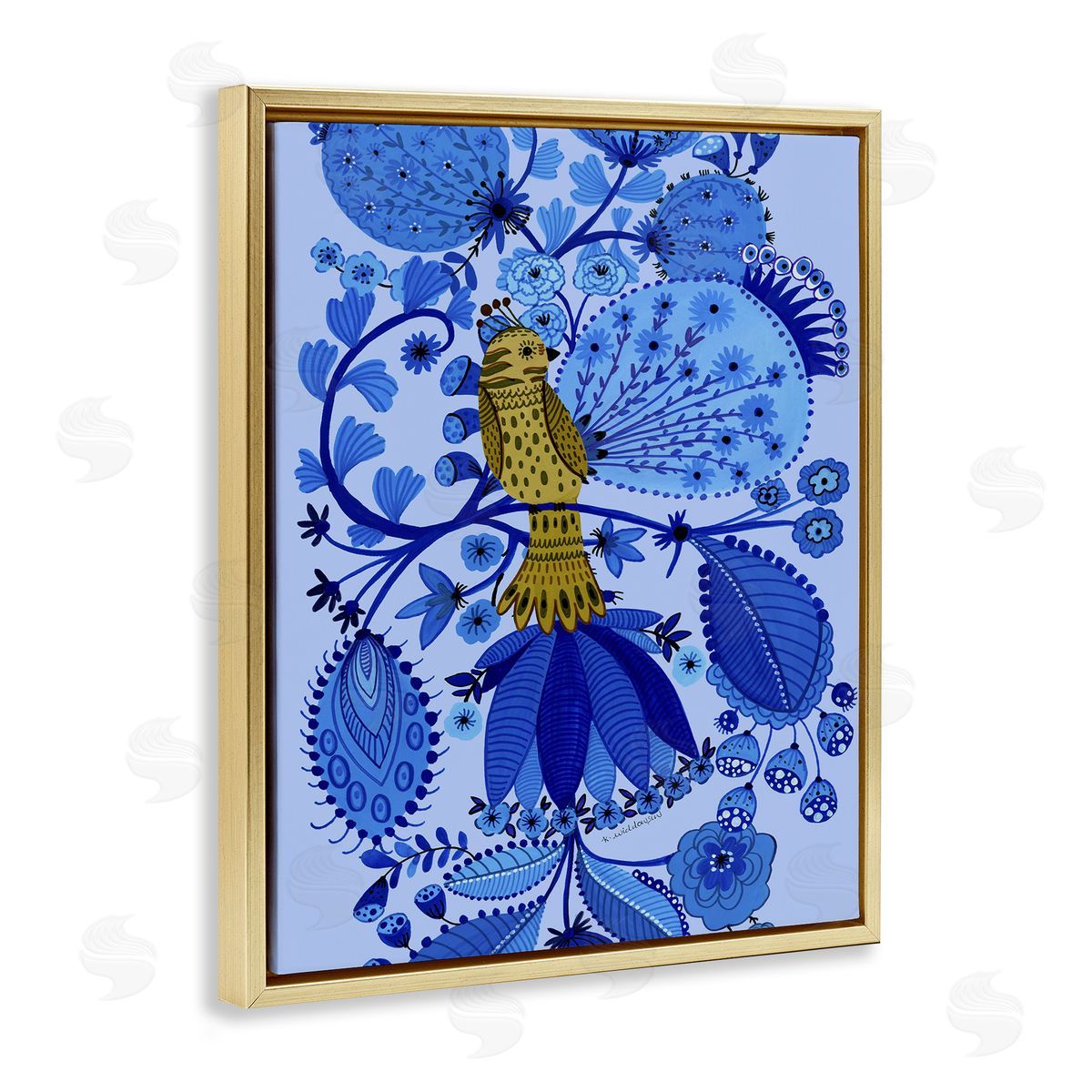 Folk Inspired Whimsical Bird Gold Floating Frame Canvas Wall Art, Home Decor by Kay Widdowson