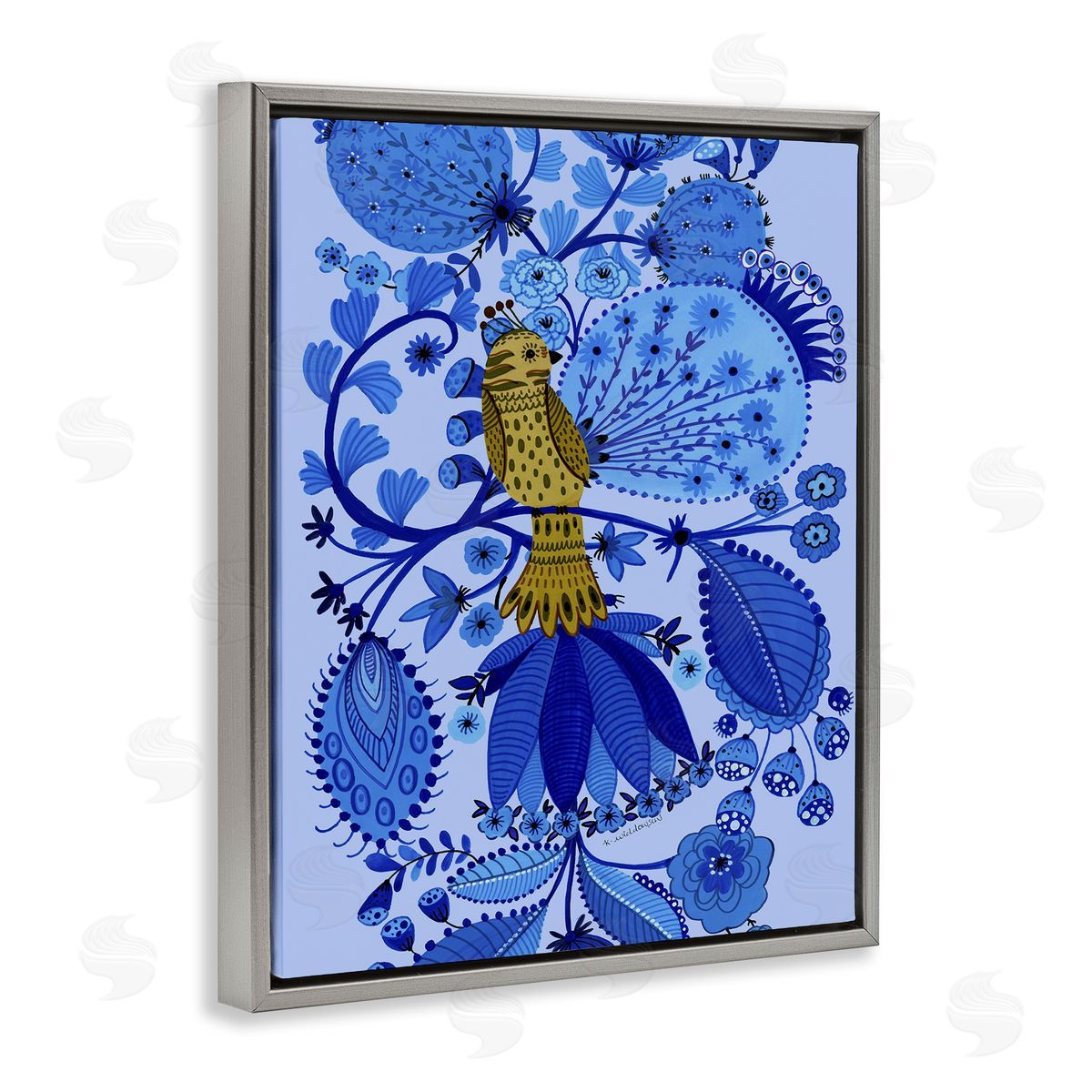 Folk Inspired Whimsical Bird Grey Floating Frame Canvas Wall Art, Home Decor by Kay Widdowson