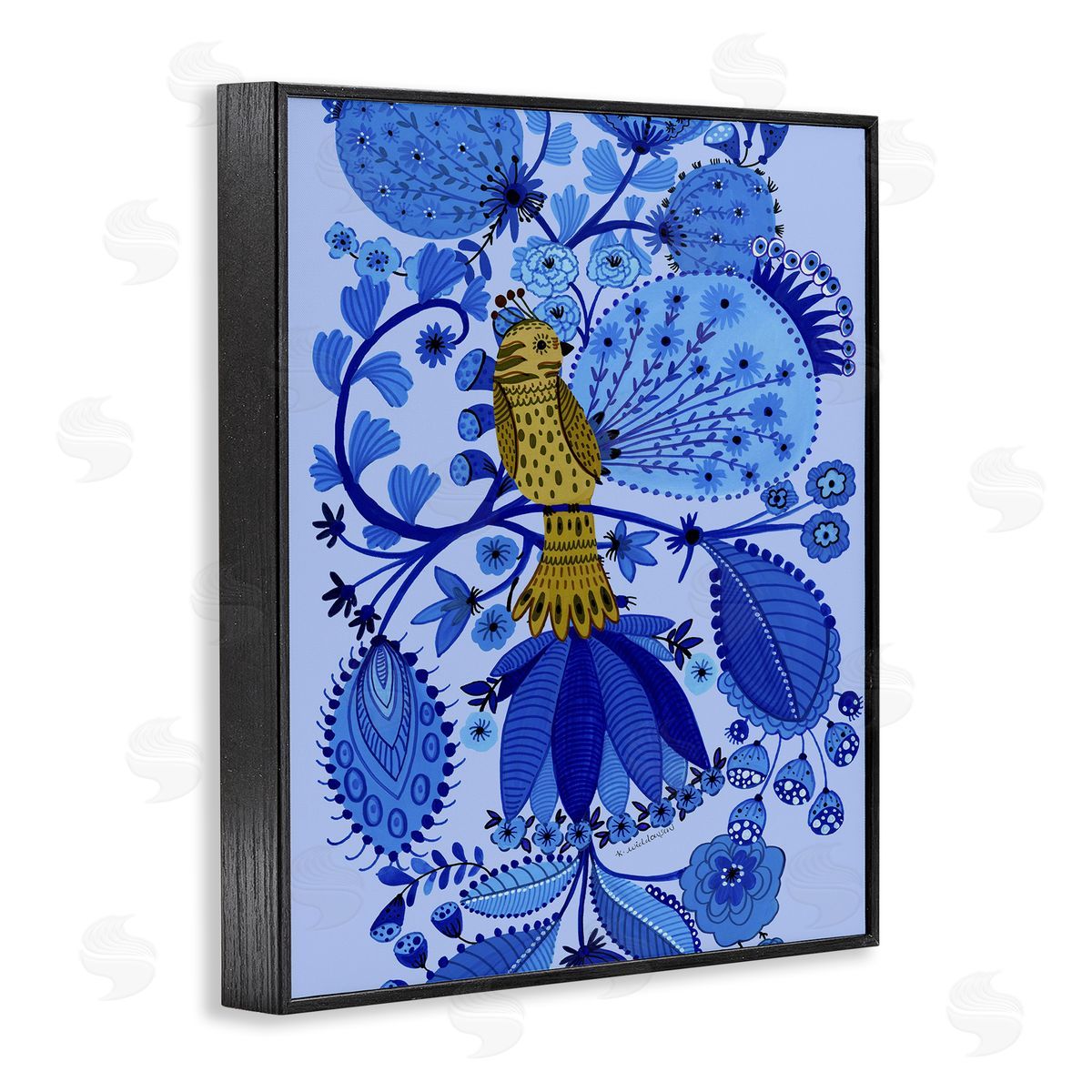 Folk Inspired Whimsical Bird Black Frame Print Wall Art, Home Decor by Kay Widdowson