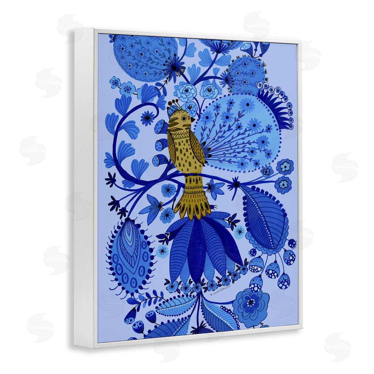 Folk Inspired Whimsical Bird White Frame Print Wall Art, Home Decor by Kay Widdowson