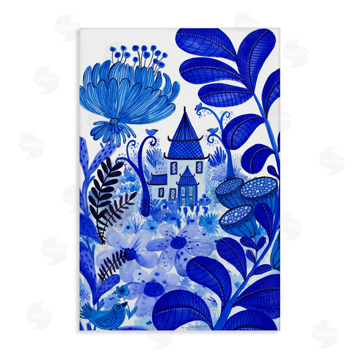 Whimsical Blue Folk Garden Canvas Wall Art, Home Decor by Kay Widdowson