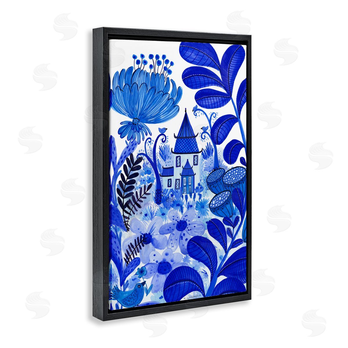 Whimsical Blue Folk Garden Black Floating Frame Canvas Wall Art, Home Decor by Kay Widdowson