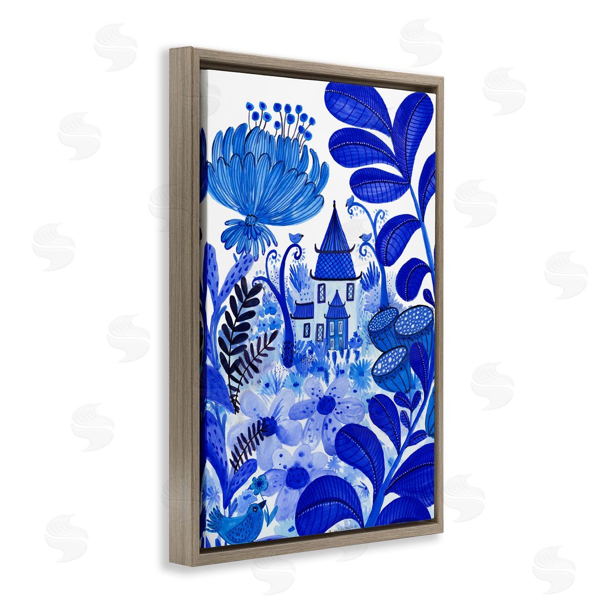 Whimsical Blue Folk Garden Brown Floating Frame Canvas Wall Art, Home Decor by Kay Widdowson