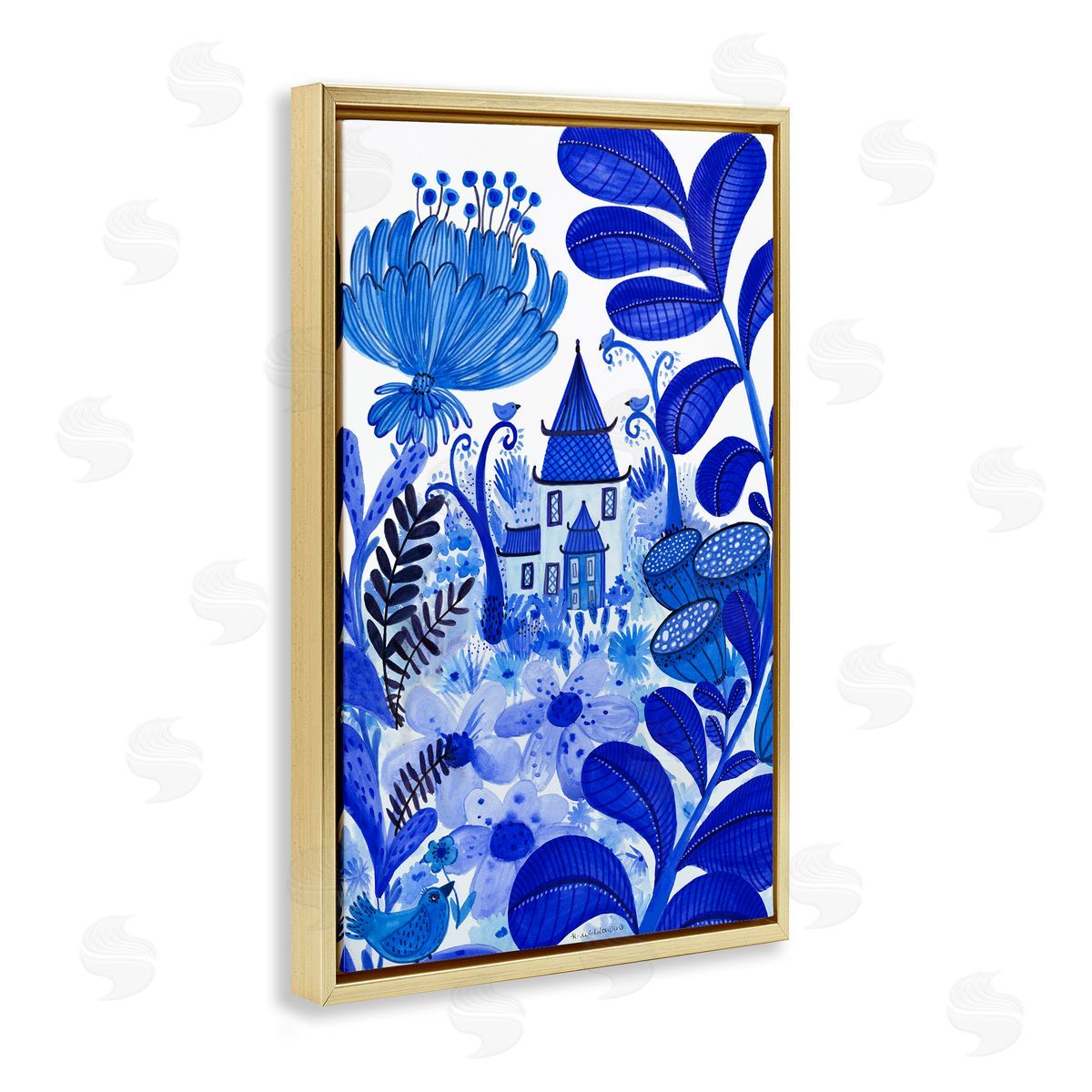Whimsical Blue Folk Garden Gold Floating Frame Canvas Wall Art, Home Decor by Kay Widdowson