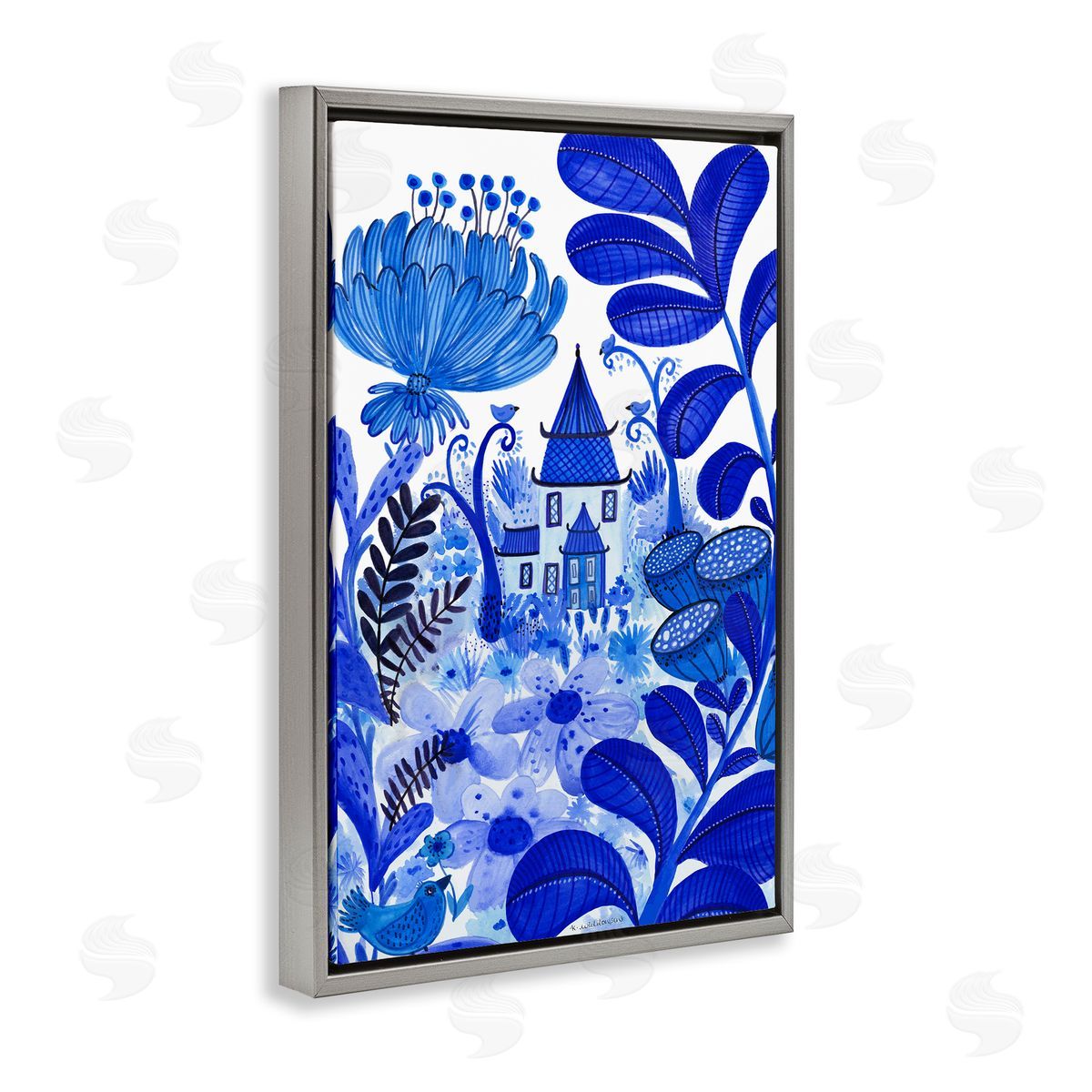 Whimsical Blue Folk Garden Grey Floating Frame Canvas Wall Art, Home Decor by Kay Widdowson