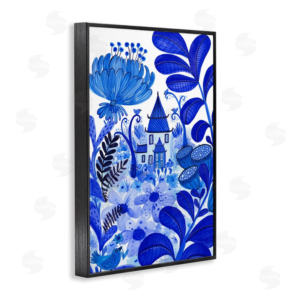 Whimsical Blue Folk Garden Black Frame Print Wall Art, Home Decor by Kay Widdowson