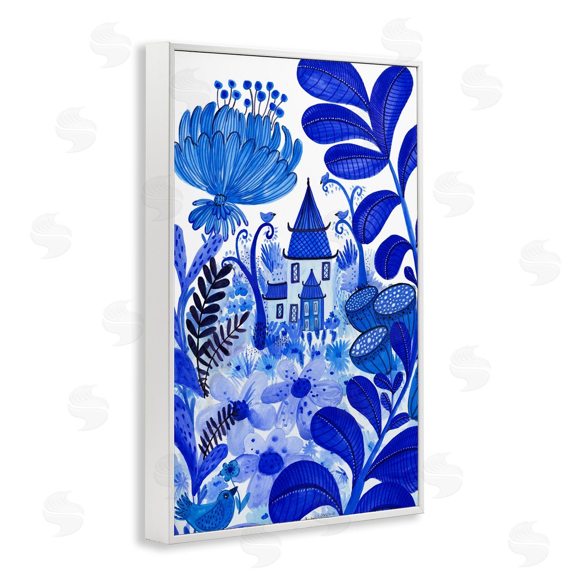 Whimsical Blue Folk Garden White Frame Print Wall Art, Home Decor by Kay Widdowson