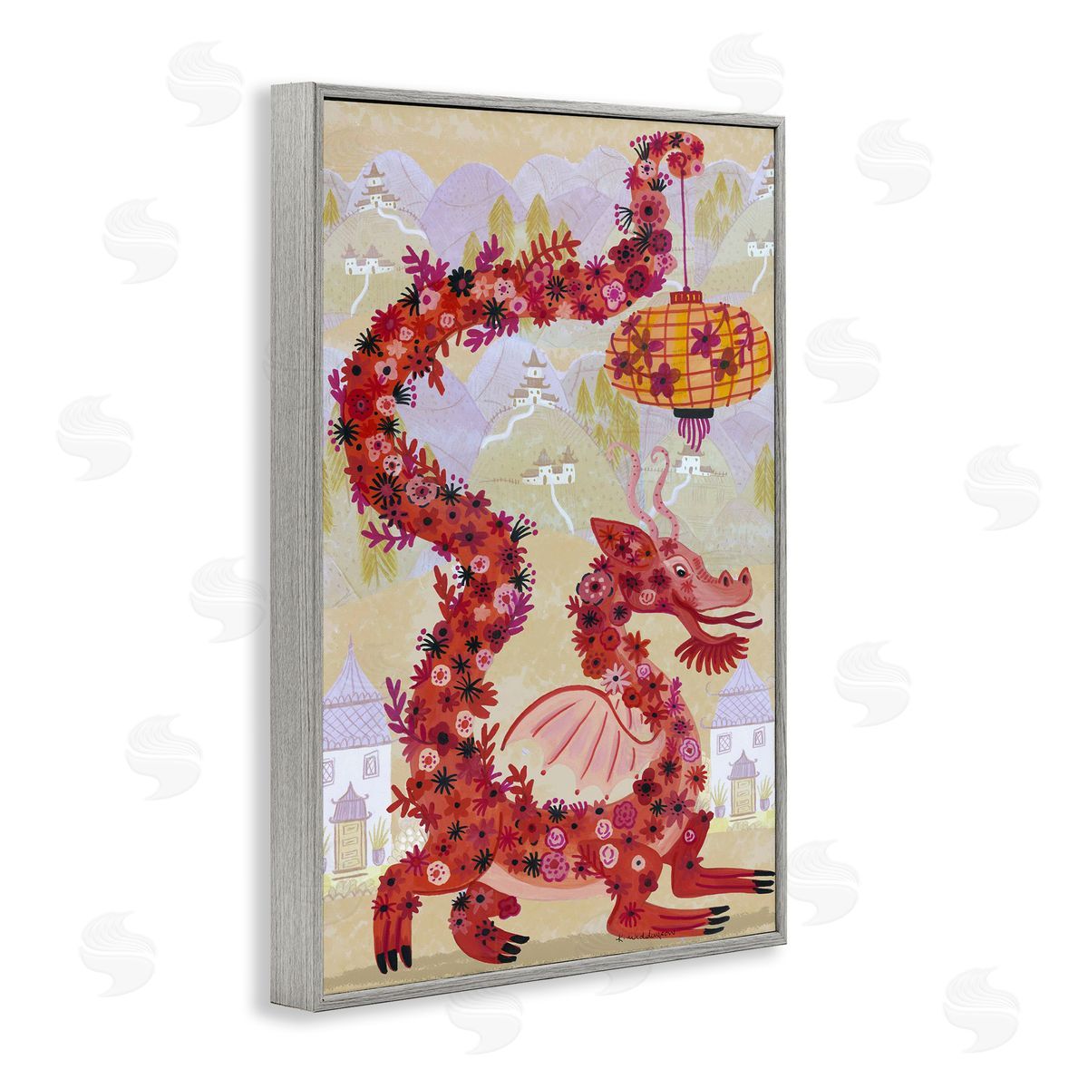 Dragon & Lantern Mythology Grey Frame Print Wall Art, Home Decor by Kay Widdowson