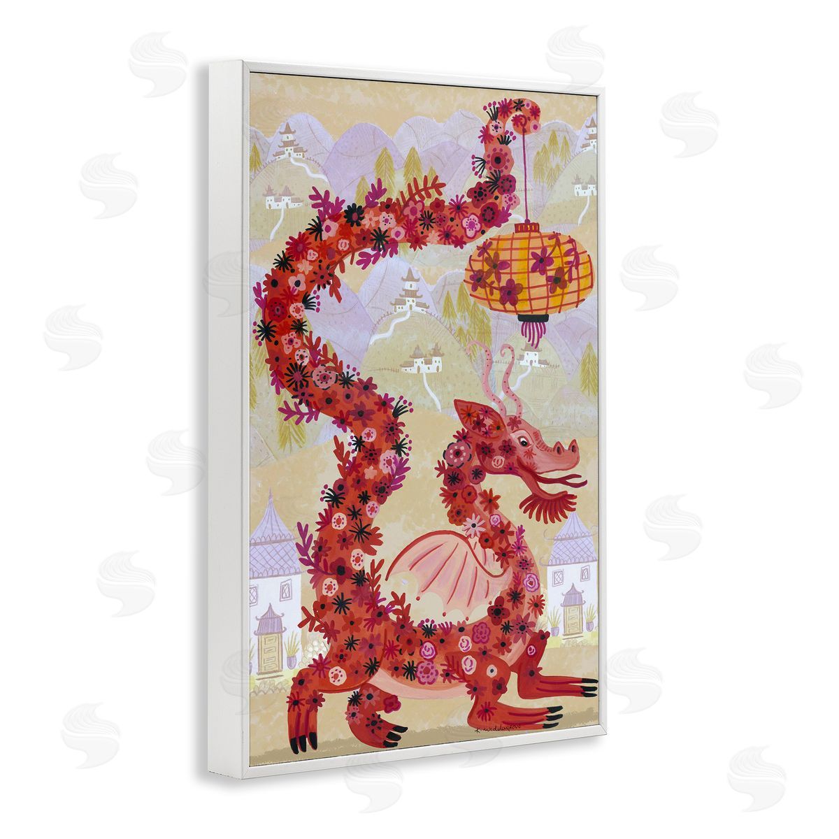 Dragon & Lantern Mythology White Frame Print Wall Art, Home Decor by Kay Widdowson
