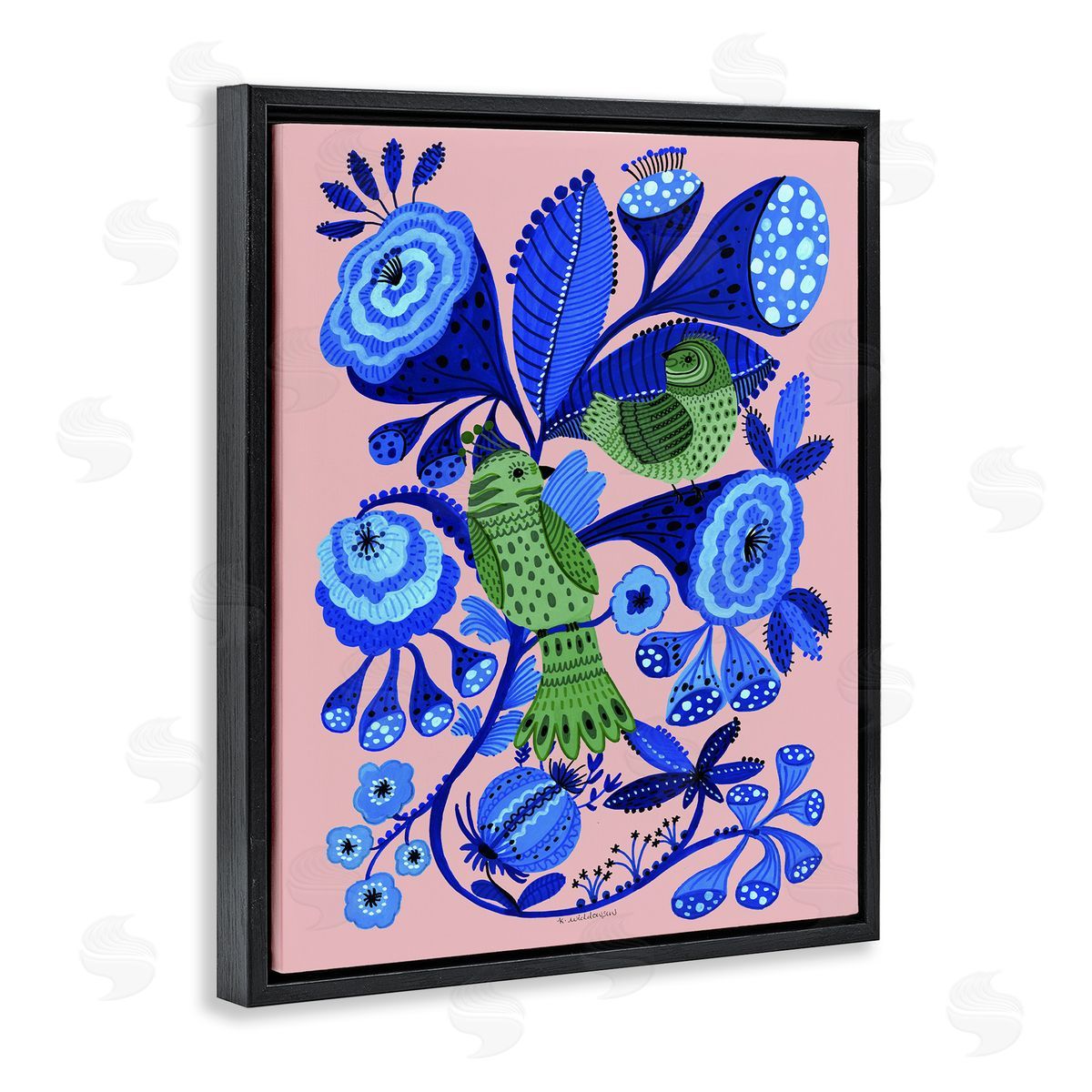 Folk Style Birds in Nature Black Floating Frame Canvas Wall Art, Home Decor by Kay Widdowson