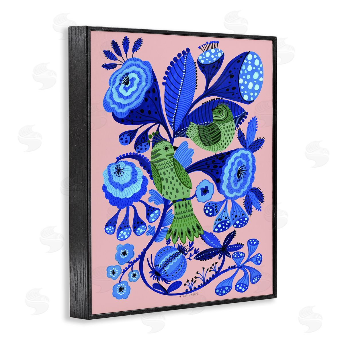 Folk Style Birds in Nature Black Frame Print Wall Art, Home Decor by Kay Widdowson