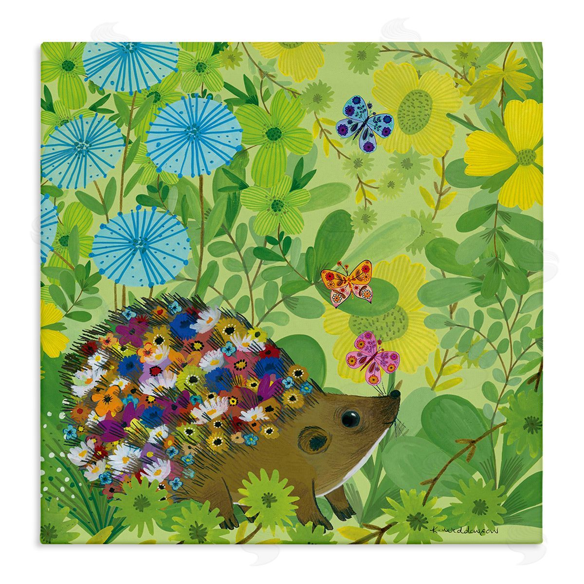 Happy Hedgehog & Flowers Canvas Wall Art, Home Decor by Kay Widdowson