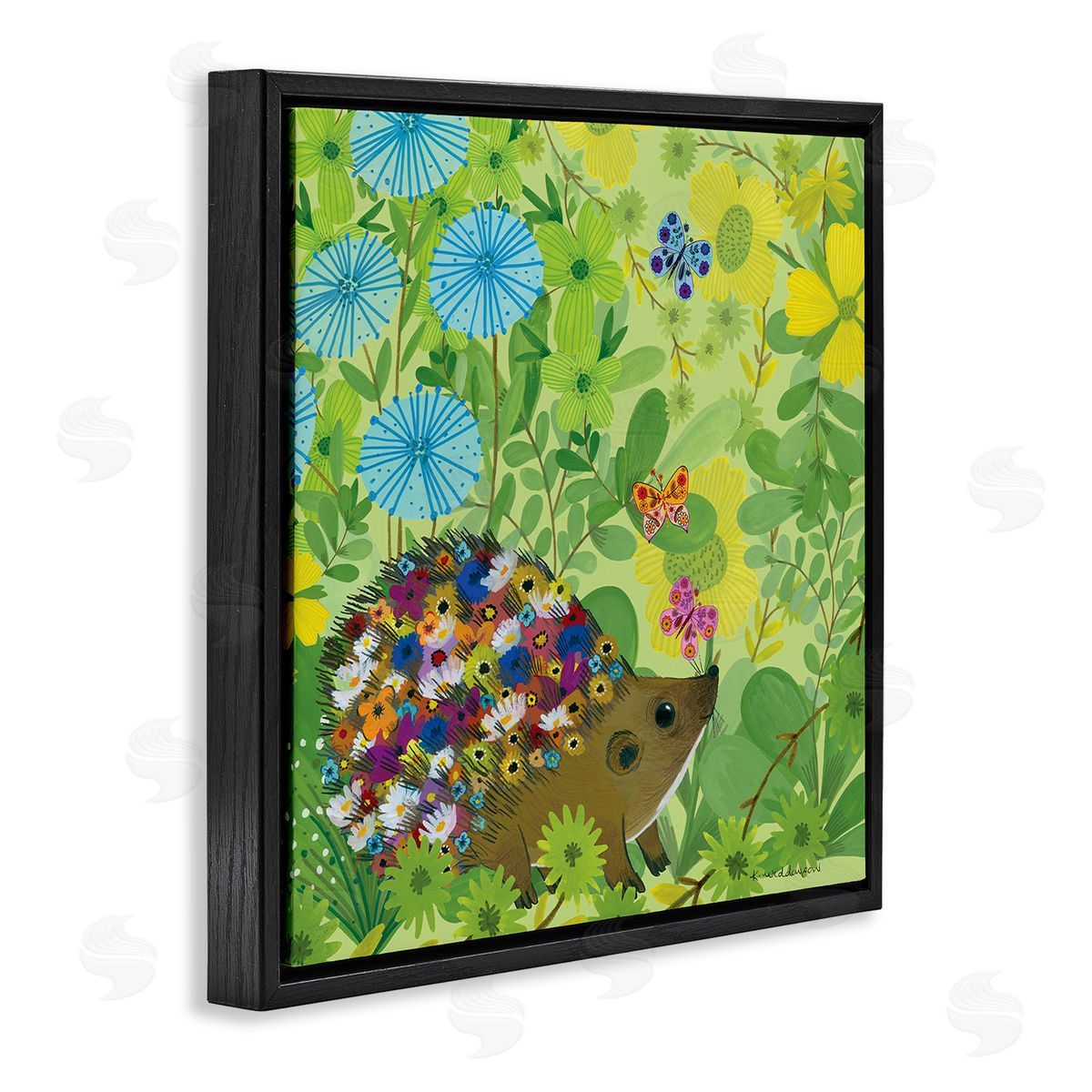 Happy Hedgehog & Flowers Black Floating Frame Canvas Wall Art, Home Decor by Kay Widdowson