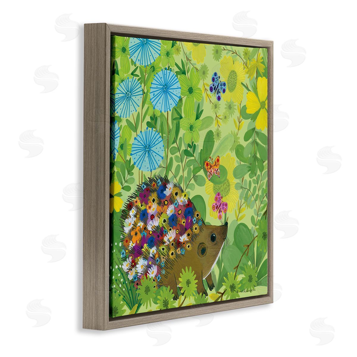 Happy Hedgehog & Flowers Brown Floating Frame Canvas Wall Art, Home Decor by Kay Widdowson