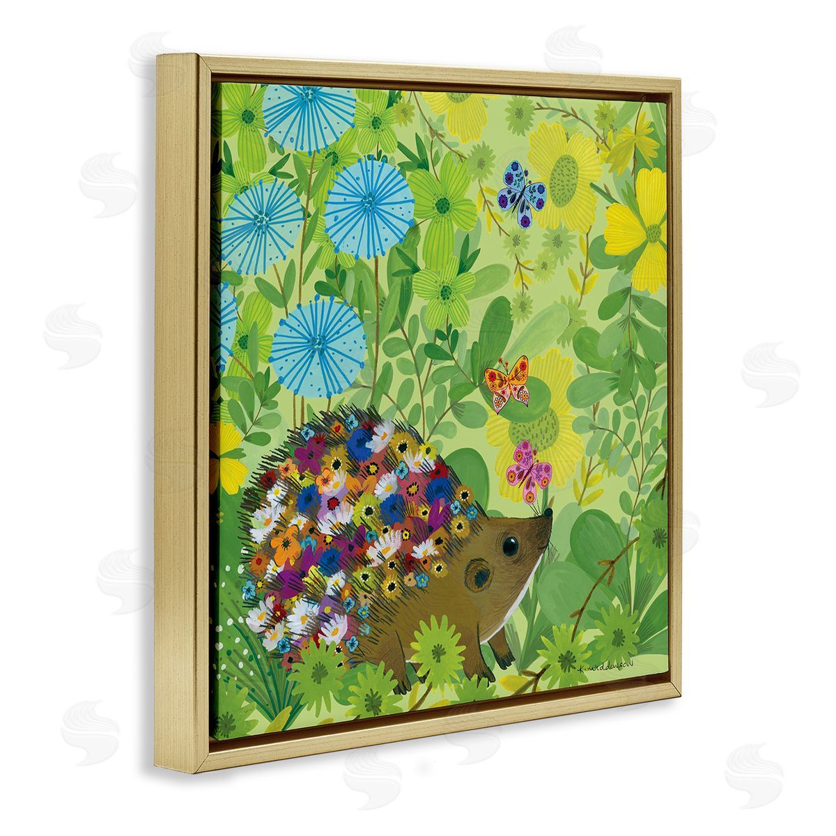 Happy Hedgehog & Flowers Gold Floating Frame Canvas Wall Art, Home Decor by Kay Widdowson