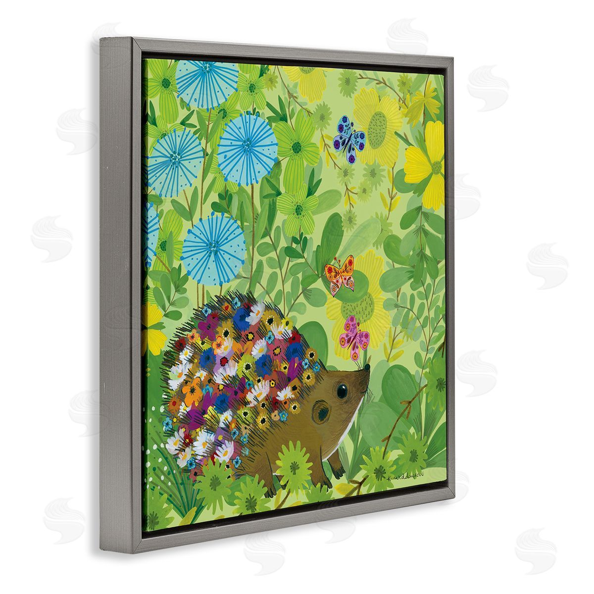 Happy Hedgehog & Flowers Grey Floating Frame Canvas Wall Art, Home Decor by Kay Widdowson