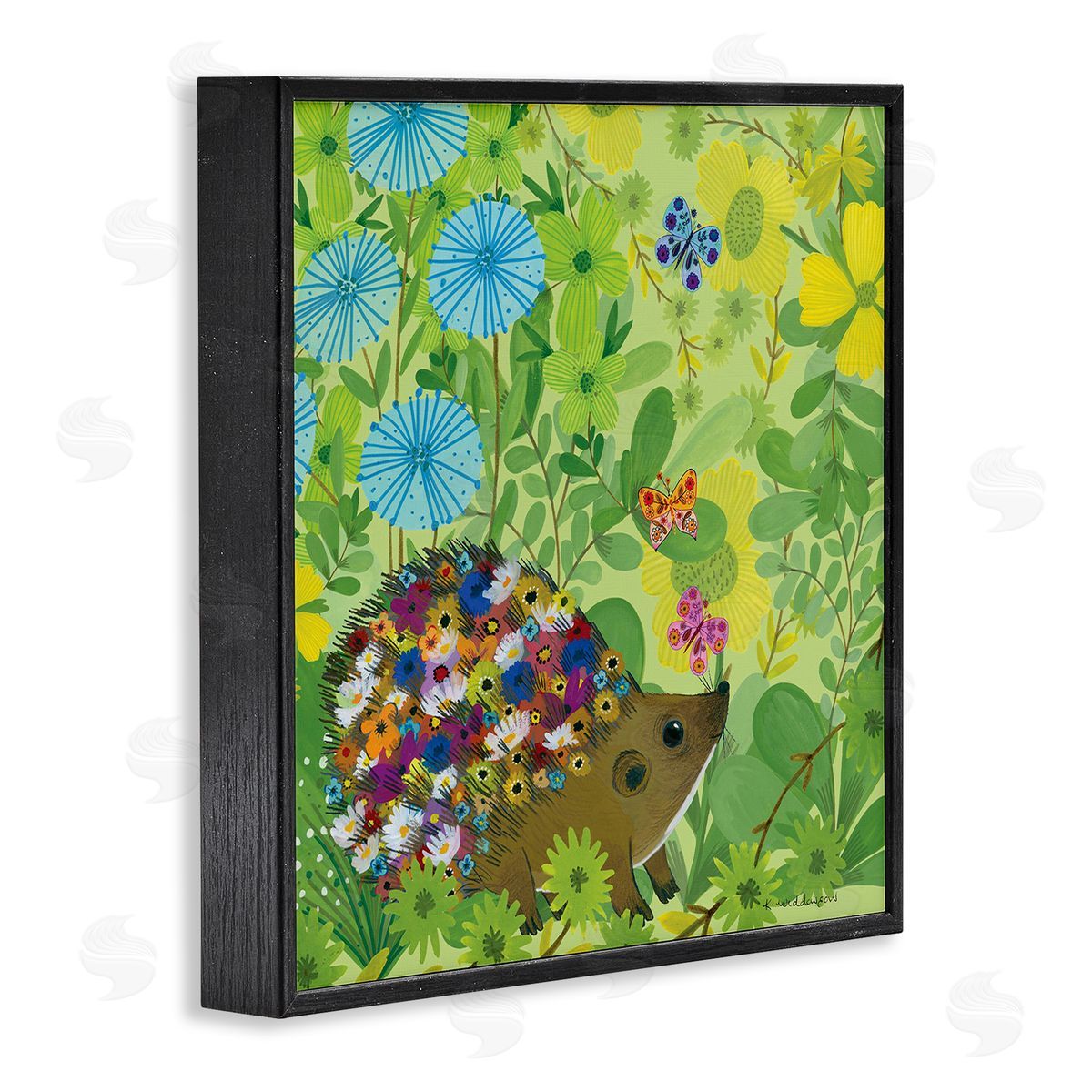 Happy Hedgehog & Flowers Black Frame Print Wall Art, Home Decor by Kay Widdowson