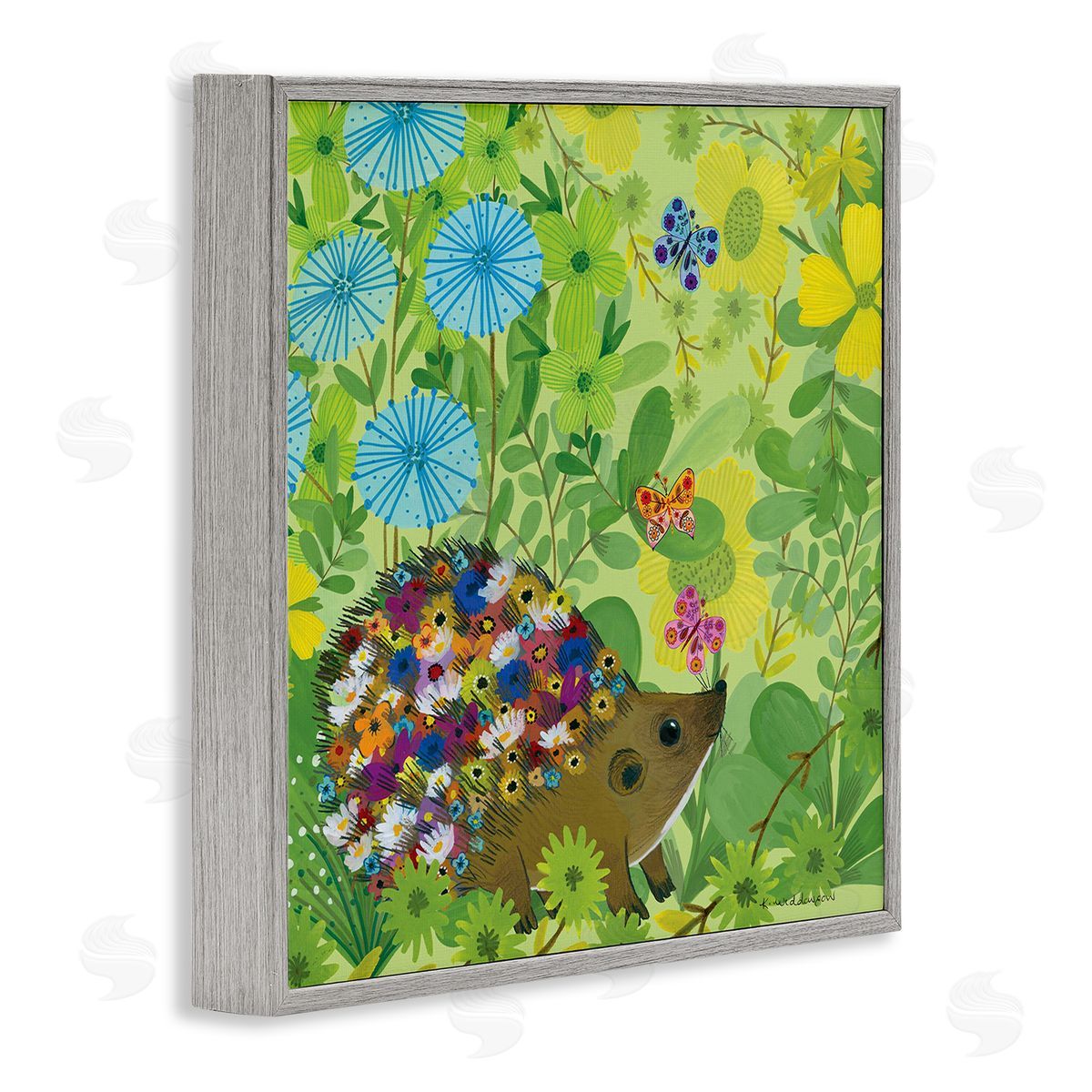 Happy Hedgehog & Flowers Grey Frame Print Wall Art, Home Decor by Kay Widdowson