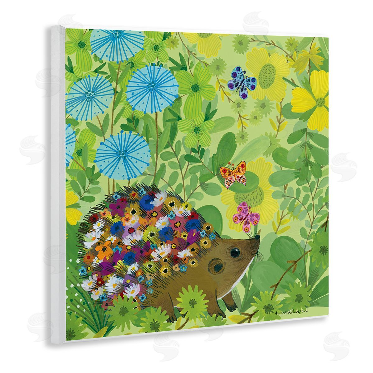 Happy Hedgehog & Flowers Wood Plaque Wall Art, Home Decor by Kay Widdowson