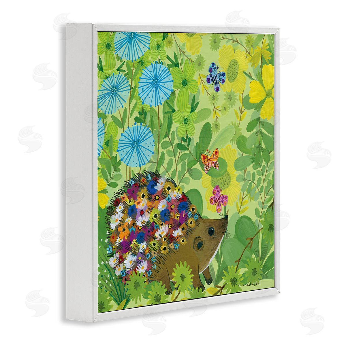 Happy Hedgehog & Flowers White Frame Print Wall Art, Home Decor by Kay Widdowson