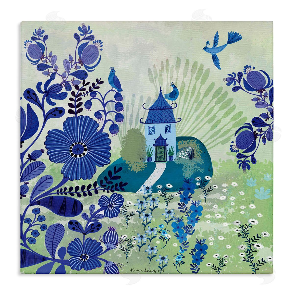 Whimsical Blue Garden Canvas Wall Art, Home Decor by Kay Widdowson